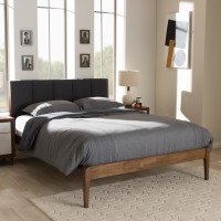 Baxton Studio SW8063-Grey/Walnut-M7-Queen Ember Mid-Century Dark Grey Fabric and Medium Brown Finish Wood Queen Size Platform Bed